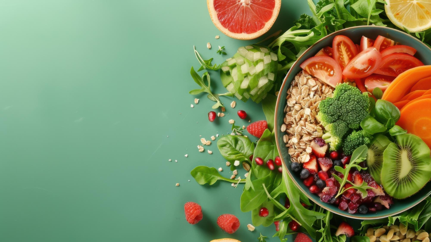 Piatto colorato con frutta, verdura e cereali